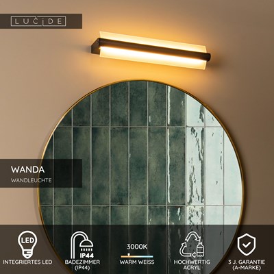 Lucide WANDA - Wandleuchte Badezimmer - LED - 1x15W 3000K - IP44 - Schwarz